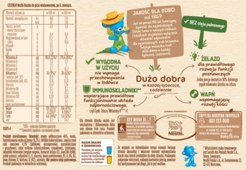 Infografika kaszki do picia wieloowocowej dla niemowląt po 6. miesiącu, zawiera tabelę wartości odżywczych.
