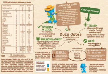 Infografika kaszki wielozbożowej do picia dla niemowląt po 6. m-cu, z tabelą odżywczą i wizualnymi korzyściami.