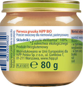 Tył szklanego słoiczka HiPP BIO Pierwsza gruszka, 80g. Eko przecier owocowy 100% z gruszek Williamsa, bezglutenowy.