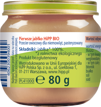 Tył słoiczka HiPP BIO Pierwsze jabłko 80g z owocowym przecierem dla niemowląt, widoczna etykieta ze składem.