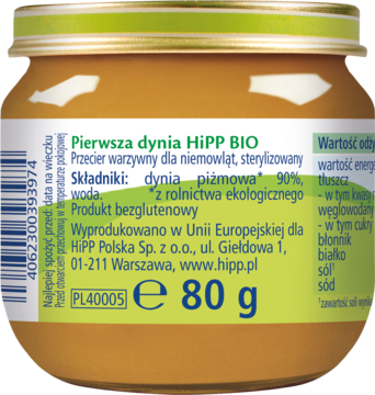 Tył słoiczka HiPP BIO z puree z dyni piżmowej, zielono-biała etykieta ze składnikami i wagą 80g.