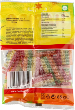 Tył przezroczystego opakowania żelków Haribo o smaku owocowym, z widocznymi wielokolorowymi paskami i kodem kreskowym.