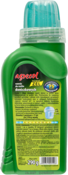 Zielony nawóz Agrecol Żel 290g do roślin doniczkowych, tył butelki z etykietą, widoczne instrukcje.
