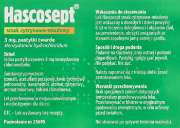 Zielone opakowanie Hascosept cytrynowo-miodowy pastylki twarde, 3 mg, widok przodu z opisem produktu.