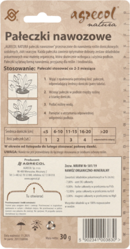 Agrecol Natura pałeczki nawozowe, tył białego opakowania z instrukcją, dawką i kodem kreskowym.