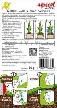 Zielono-białe opakowanie nawozowych pałeczek Agrecol Natura. Widok z tyłu z ilustracjami użycia produktu.