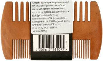Isana men drewniany grzebień do brody z dwoma rodzajami zębów, widok z tyłu z naklejoną etykietą produktu.