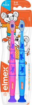 Elmex Kids 2-pack: różowa i niebieska szczoteczka 3-6 lat z rysunkami małpek i przyssawkami, widok z przodu.