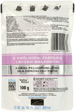 Tylna strona białej saszetki karmy Dolina Noteci dla dorosłych psów z królikiem, fasolką, ryżem, 100g.