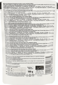 Tył opakowania karmy dla małych psów Dolina Noteci z gęsią, ziemniakami i jabłkiem, widoczny skład i kod EAN.