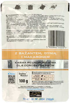 Tył opakowania karmy dla psów Dolina Noteci z bażantem, dynią, makaronem, widoczne informacje o składzie i kod QR.