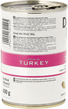 Tył puszki karmy Dolina Noteci dla dorosłych psów, 400g, bogatej w indyka. Biała etykieta z różowym paskiem, lista składników.