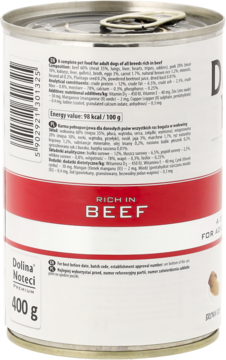 Biała puszka karmy Dolina Noteci Rich in Beef dla psów, boczny widok z czerwoną etykietą i tekstem.