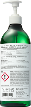 Tył zielonej butelki płynu do naczyń YOPE Bergamotka, werbena i bazylia, 750ml, biała pompka, ostrzeżenie.