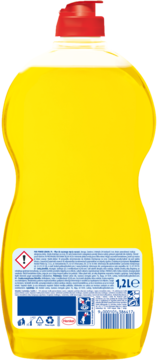 Tył żółtego płynu do naczyń Pur Sekrety Kucharza cytrynowy 1.2L, z etykietami i kodem kreskowym.