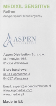 Etykieta Medixil Sensitive roll-on, antyperspirant hipoalergiczny, dane kontaktowe Aspen Distribution, Made in EU.