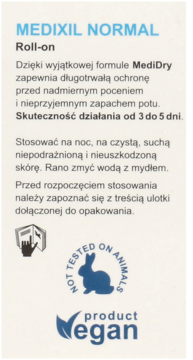 Biała ulotka MEDIXIL NORMAL Roll-on z opisem ochrony 3-5 dni oraz logo wegańskim i cruelty-free.