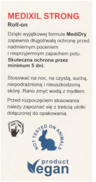 MEDIXIL STRONG Roll-on, etykieta z instrukcją użycia, logo Not Tested On Animals i Vegan.