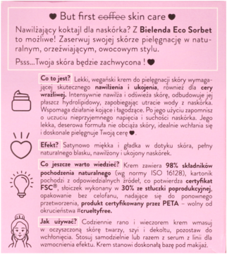Karta produktowa Bielenda Eco Sorbet: opis wegańskiego kremu nawilżającego na różowym tle z czarnym tekstem.