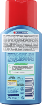 Tył niebieskiej butelki szamponu Isana Coffein 250ml, aktywującego cebulki włosów, z czerwoną zakrętką.