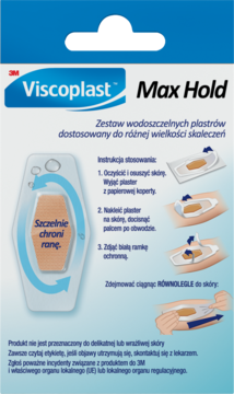 Viscoplast Max Hold, wodoszczelne plastry, opakowanie 12 sztuk. Front kartonika z instrukcją aplikacji.