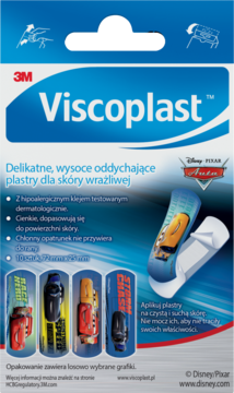 Viscoplast Plastry Auta Disney, niebiesko-białe opakowanie z Lightning McQueen na blistrze, na skórę wrażliwą.