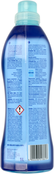 Tył niebieskiej butelki Cleox HYGIENE GEL (1L) do pralki, z białymi napisami, ostrzeżeniem i kodem kreskowym.
