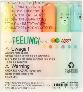 Zestaw 6 pastelowych mini zakreślaczy z nakładkami-zwierzętami, widoczne w przezroczystej folii opakowania produktu.