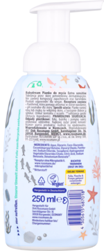 Tył butelki pianki Babydream Extra sensitive, 250 ml, z listą składników. Dekoracje morskie, wegańska, błękitna.