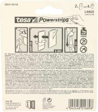 Tył opakowania tesa Powerstrips Large, haczyków samoprzylepnych z instrukcją montażu i usuwania, opis produktu.