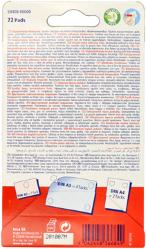 Tył opakowania tesa 72 Pads. Dwustronne płatki samoprzylepne z grafiką rozmiarów i opisami.