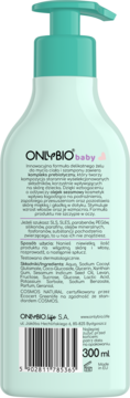 Tył butelki OnlyBio Baby delikatnego żelu i szamponu 300ml, widoczne składniki i kod kreskowy.
