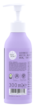Tył lawendowej butelki szamponu dla dzieci z białą pompką, widoczną etykietą, napisem 300 ml i kodem.