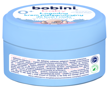 Jasnoniebieski krem Bobini Baby 0+ do buzi i ciała w słoiku. Widok z góry na etykietę i tył, produkt wegański.