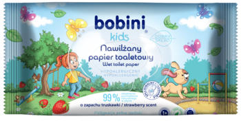 Bobini Kids nawilżany papier toaletowy truskawkowy, biodegradowalny. Opakowanie z dziecięcą grafiką. Widok z przodu.