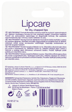 Tył opakowania Neutrogena Lipcare, ochronnego sztyftu do ust, z fioletowym tekstem i składem.