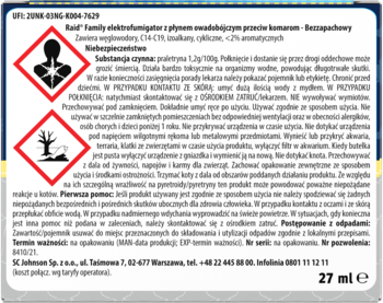Tył opakowania Raid elektrofumigatora bezzapachowego, etykieta z piktogramami ostrzegawczymi i danymi produktu.