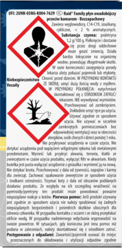 Etykieta Raid Family płyn owadobójczy, bezzapachowy, z dwoma piktogramami zagrożenia toksycznością i dla środowiska.