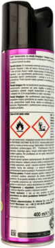 Aerozol Raid na owady latające/biegające, tył fioletowej puszki z czarną nakrętką, ostrzeżenia i tekst PL.