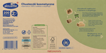 Tył brązowego opakowania chusteczek kosmetycznych Alouette, 200 szt., 100% recykling, z kodem kreskowym.