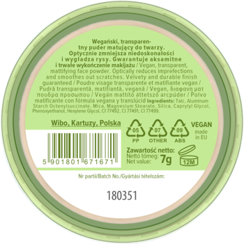 Tył okrągłego opakowania pudru Lovely Vegan, przezroczystego, matującego do twarzy. Widoczna waga 7g, skład i symbol vegan.