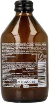 Tył ciemnobrązowej butelki VIGO Kombucha Acerola + Imbir z czarną nakrętką i etykietą ze składem i datą ważności.