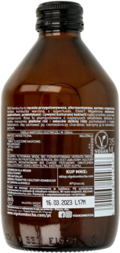 Tył brązowej butelki VIGO Kombucha Rose z etykietą, widoczny skład, logo vegan i data ważności 16.03.2023.