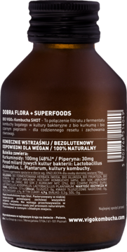 Tył butelki BIO VIGO Kombucha Shot, etykieta ze składem: kurkuma, piperyna, probiotyki. Wegański, bezglutenowy.
