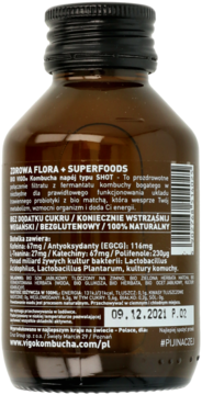 VIGO Kombucha Shot, tył brązowej butelki z etykietą. Widać skład, probiotyki, bio matchę, "bez cukru".
