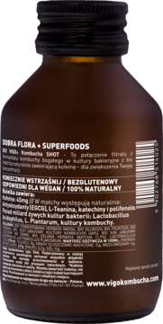 Tył brązowej butelki BIO VIGO Kombucha SHOT. Etykieta z listą składników, kofeiną, probiotykami, superfoods.