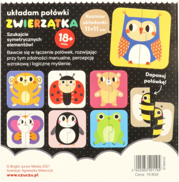 Tylna strona opakowania puzzli "ZWIERZĄTKA" (18m+) dla dzieci, z ilustracjami zwierząt do złożenia z połówek.