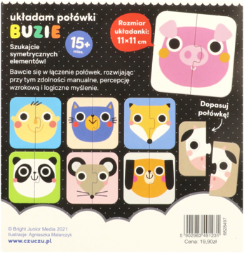 Układam połówki BUZIE, edukacyjne puzzle dla dzieci 15m+. Kolorowe zwierzęce buzie na czarnym pudełku.