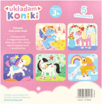 Różowe opakowanie puzzli "Układam Koniki" dla dzieci 3+, z 5 obrazkami baśniowych kucyków.