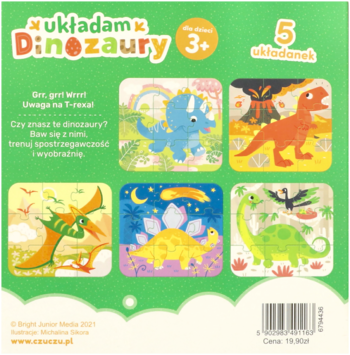 Tył zielonego pudełka puzzli dziecięcych Układam Dinozaury (3+), z pięcioma 9-elementowymi obrazkami.